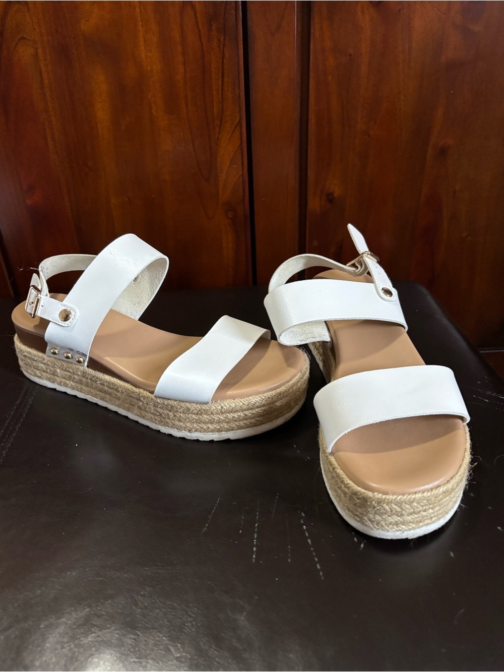 White Espadrille Wedge Sandals with Buckle Ankle Strap